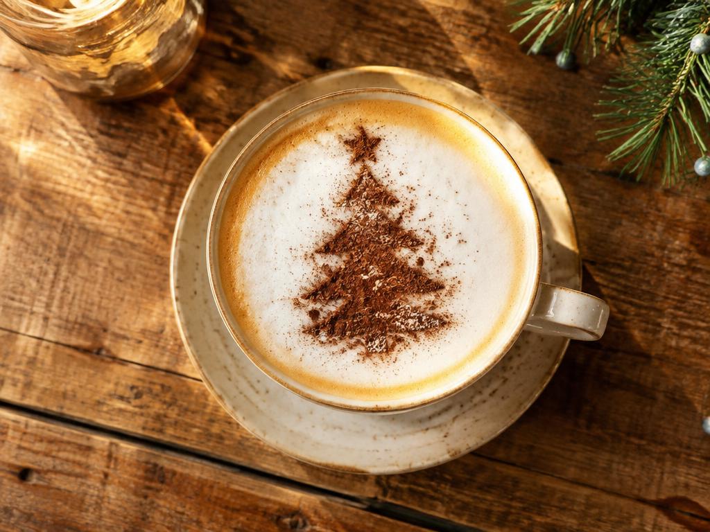 Latte with a cocoa-dusted Christmas tree design on the milk foam